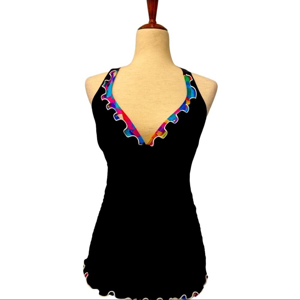 Profile by Gottex‎ Tankini Halter V-neck Black Multi Color Ruffle Trim Padded 8